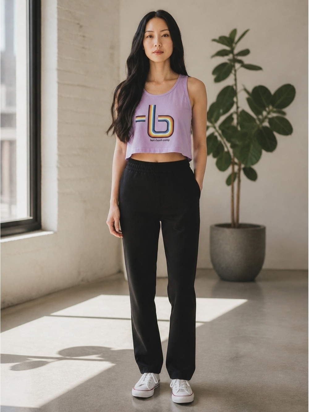 #118 Burn Boot Camp Lavender Crop Tank Top with Rainbow Logo